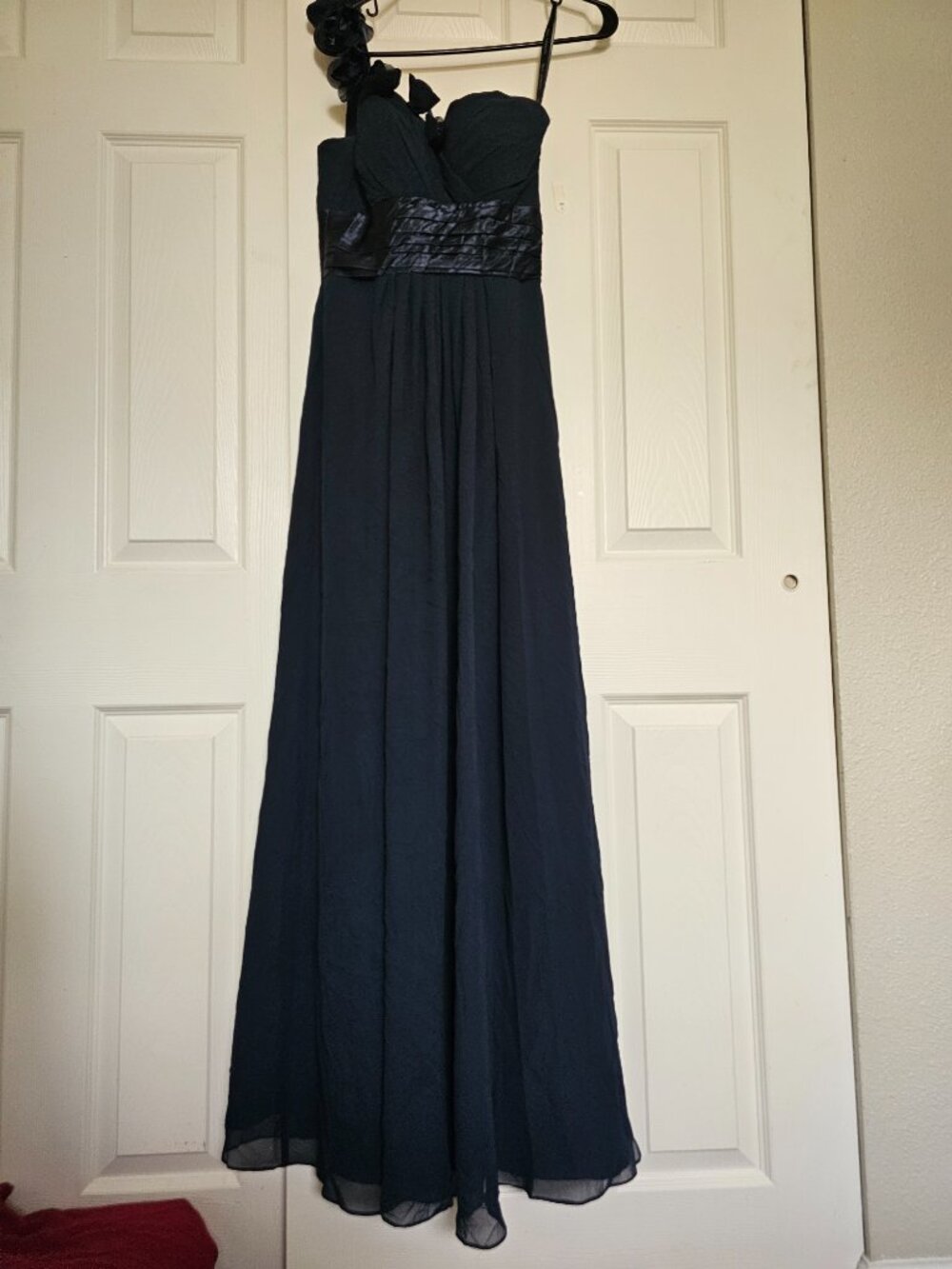 Bill Levkoff Navy Blue One-Shoulder Floral Accent Maxi Gown - Size 2